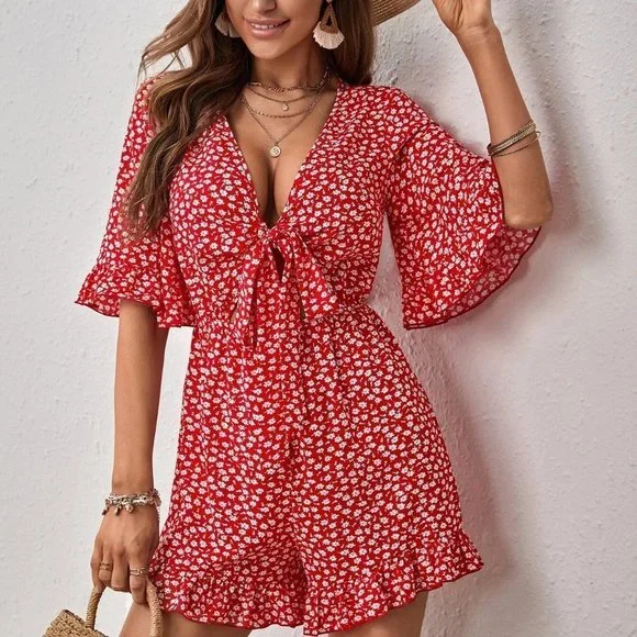 Red Boho Womens Ditsy Floral Tie Front Ruffle Hem Romper - Picture 3 of 5